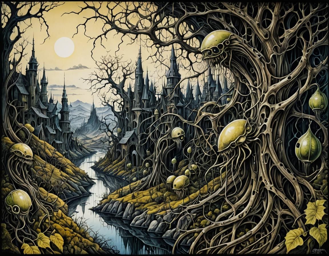 Surreal Haunted Landscape with Insectoid Seedpods