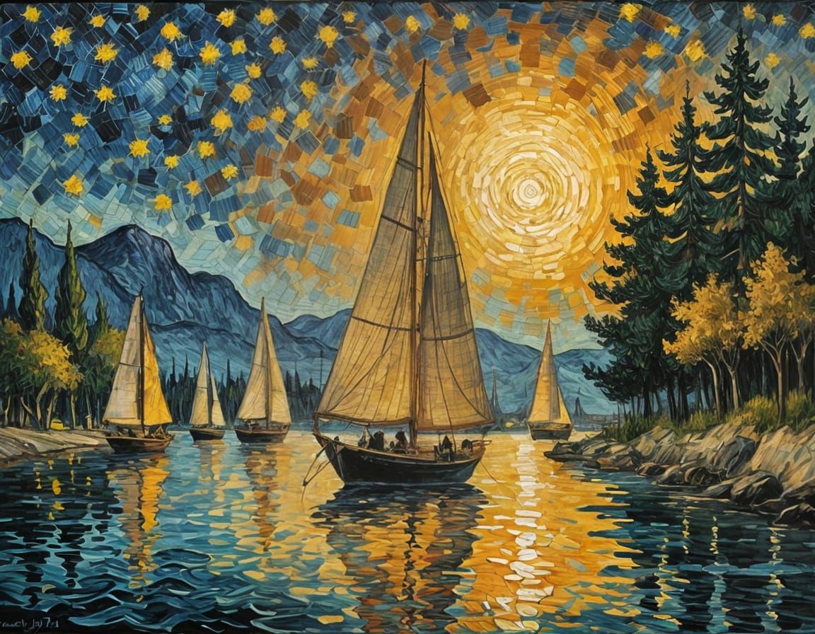 Sailboats at Twilight in Van Gogh Style