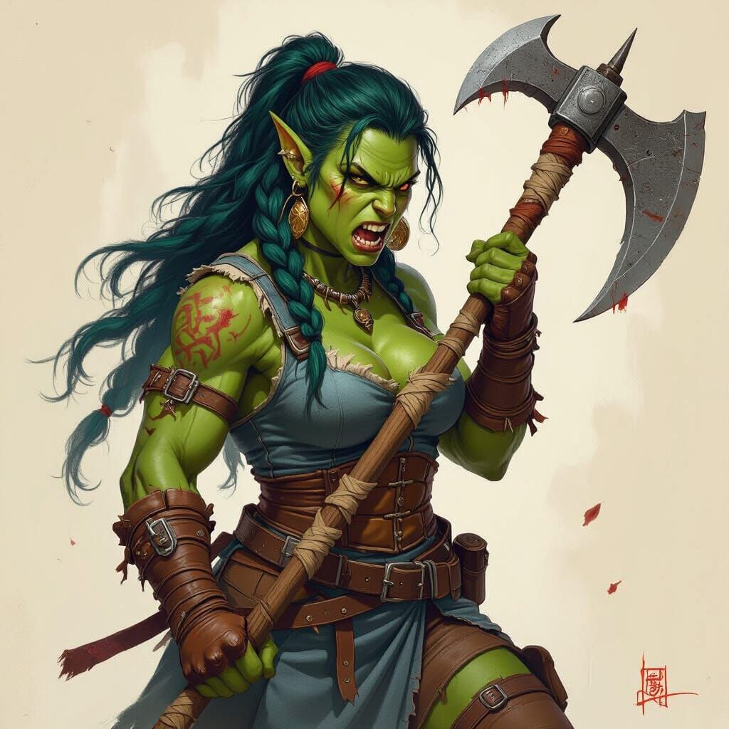 Fierce Half-Orc Barbarian in Butcher Shop, Fantasy Art