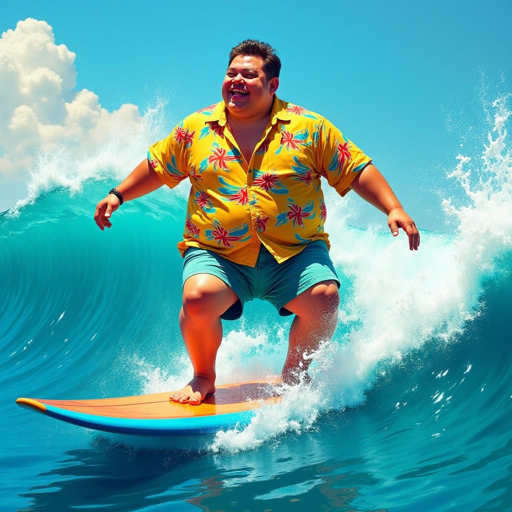 Joyful Surfer Rides a Wave in Pop Surrealist Style
