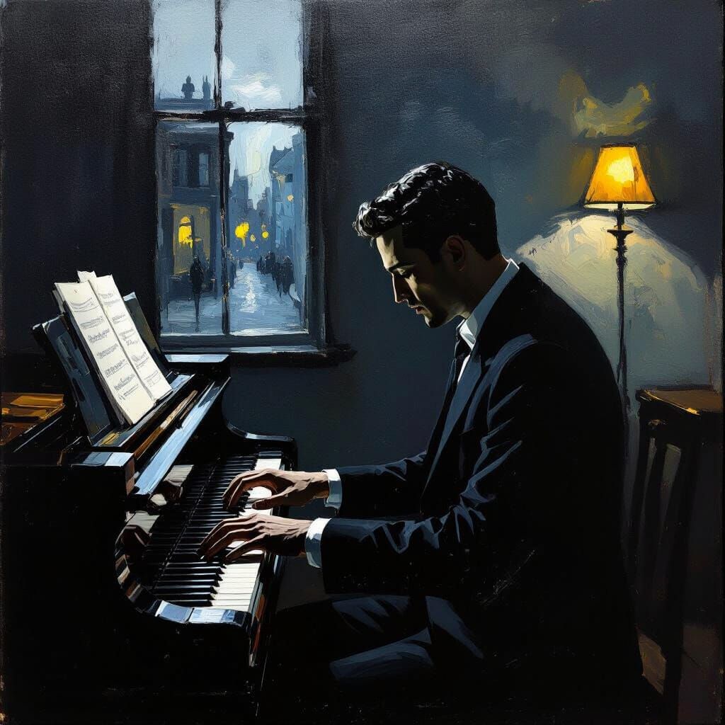 Man Playing Piano in Shadow as Oil Painting