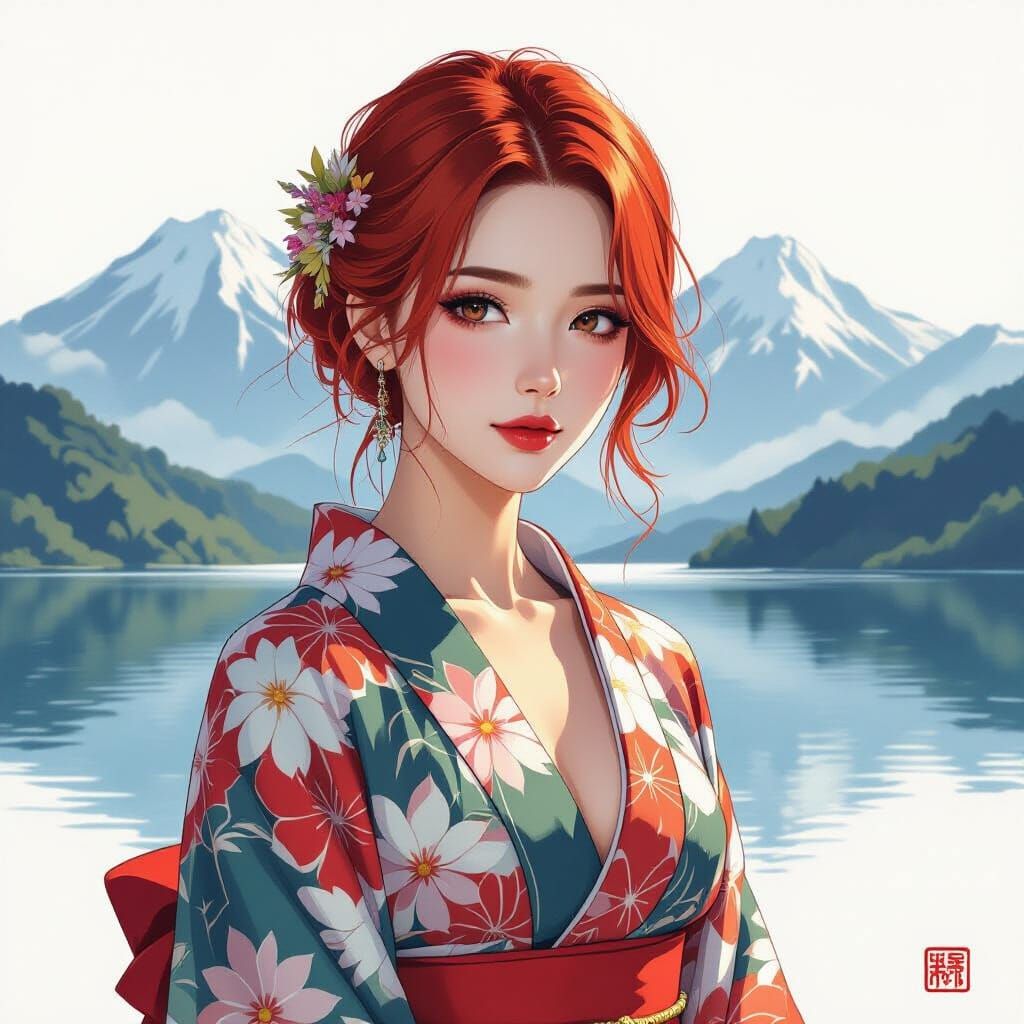 Japanese Ink Drawing: Portrait with Red Hair