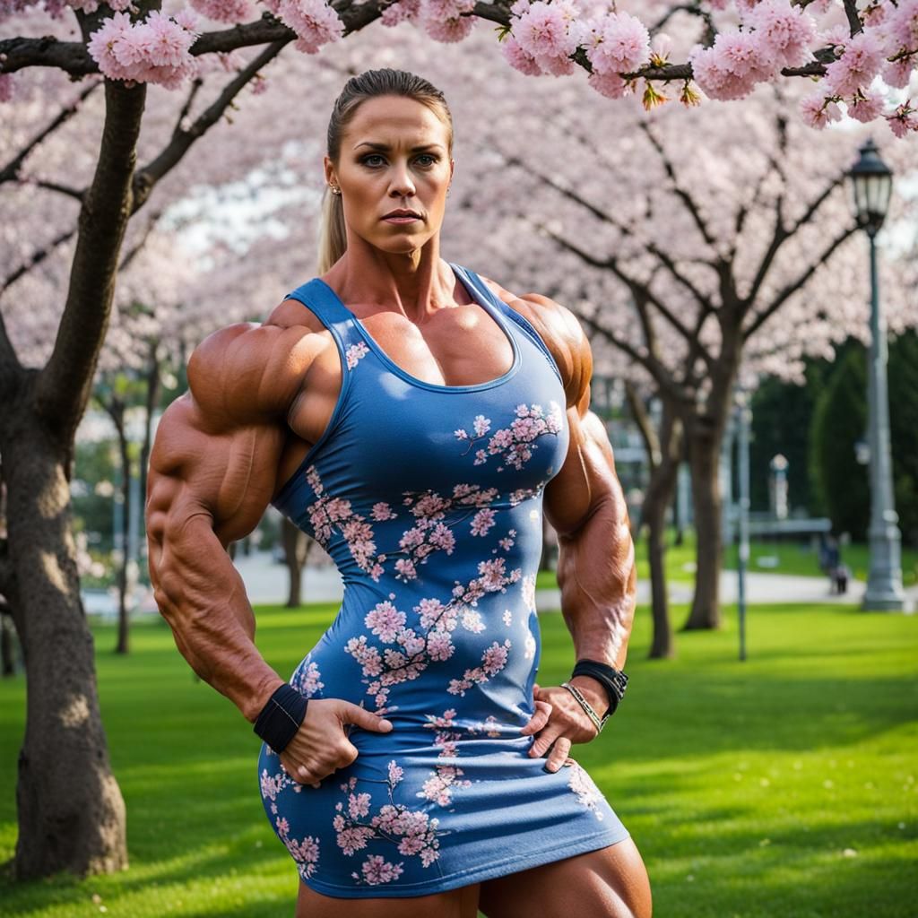 Muscular Woman with Cherry Blossoms, Photorealistic Portrait