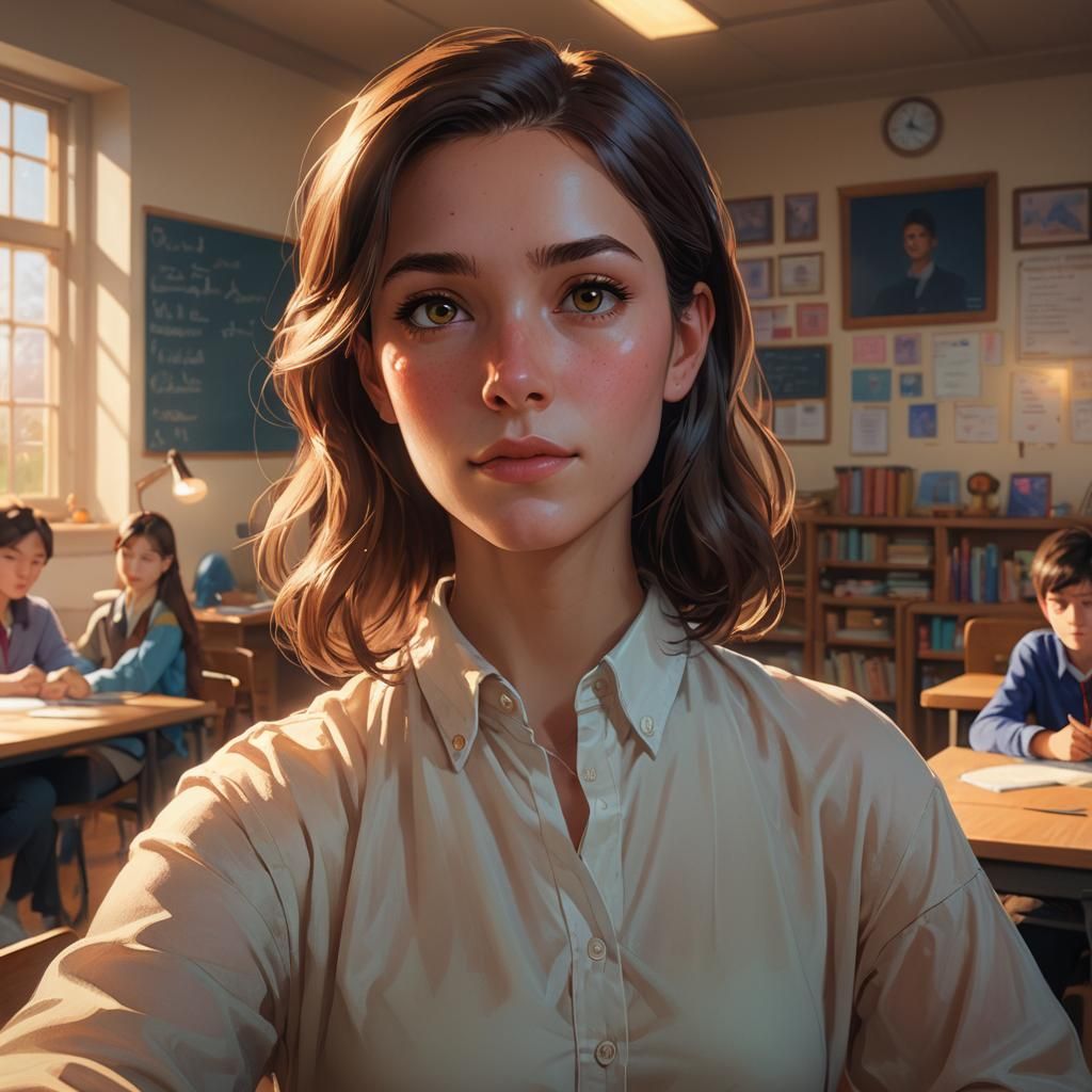 Translucent Avatar Teacher in Cozy Classroom: Digital Art