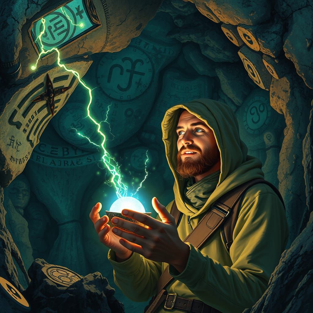 Deep within a bioluminescent cavern, an intrepid explorer discovers an ancient artifact pulsating with otherworldly ener...