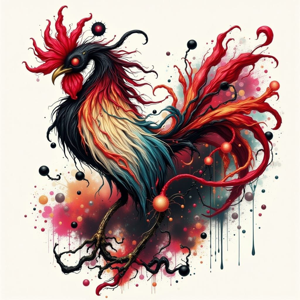 Rooster Awakens Under Twinkling Fairy Lights