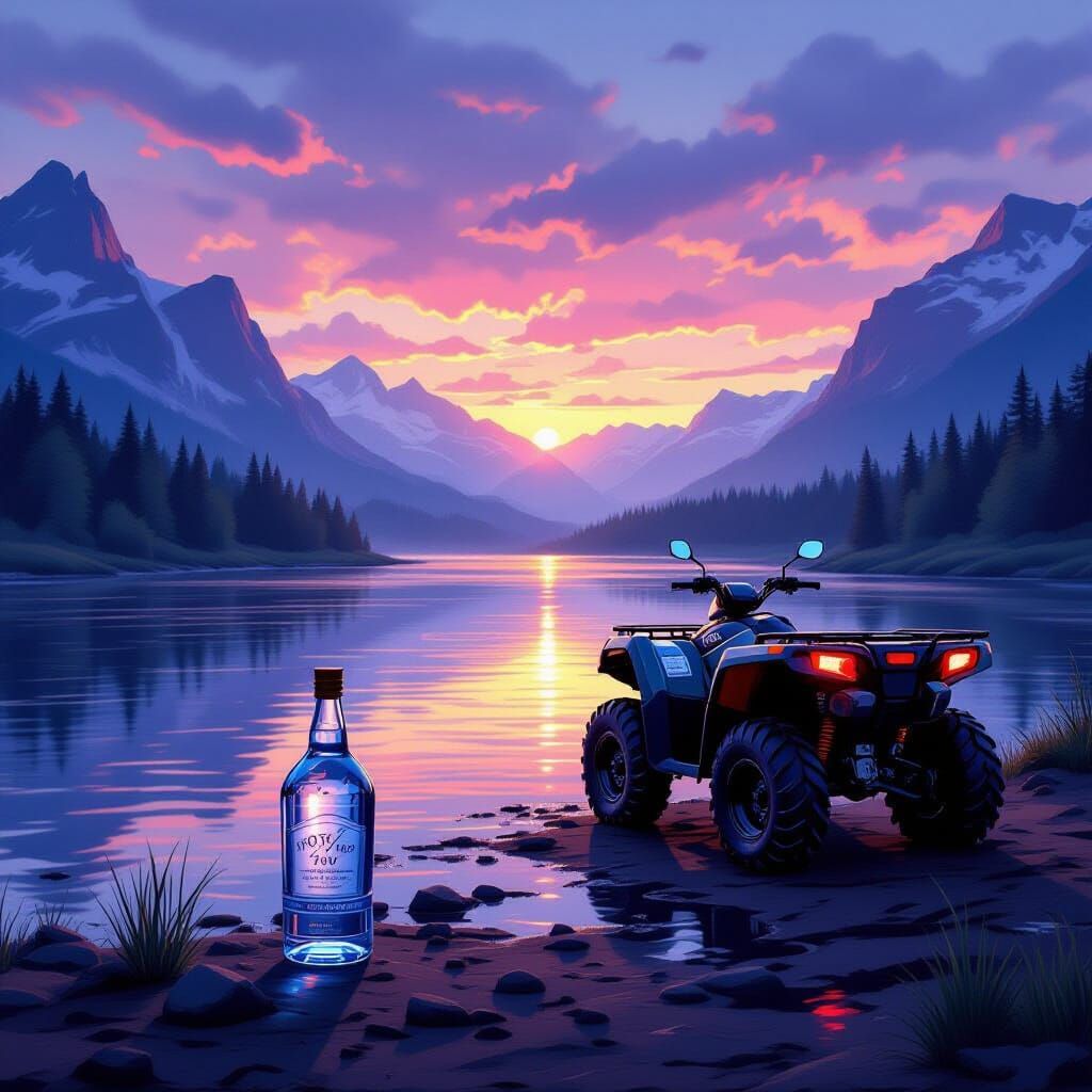 Vodka bottle and ATV by misty river at sunset