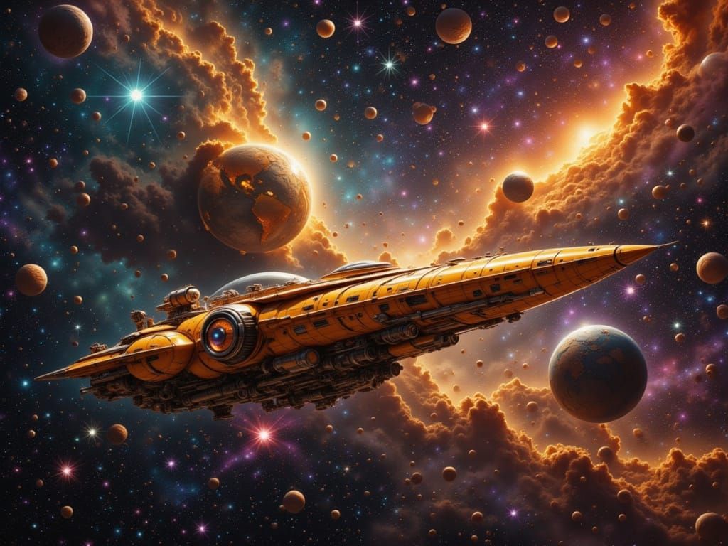 Starship Sails Andromeda Galaxy in Vintage-Futuristic Style