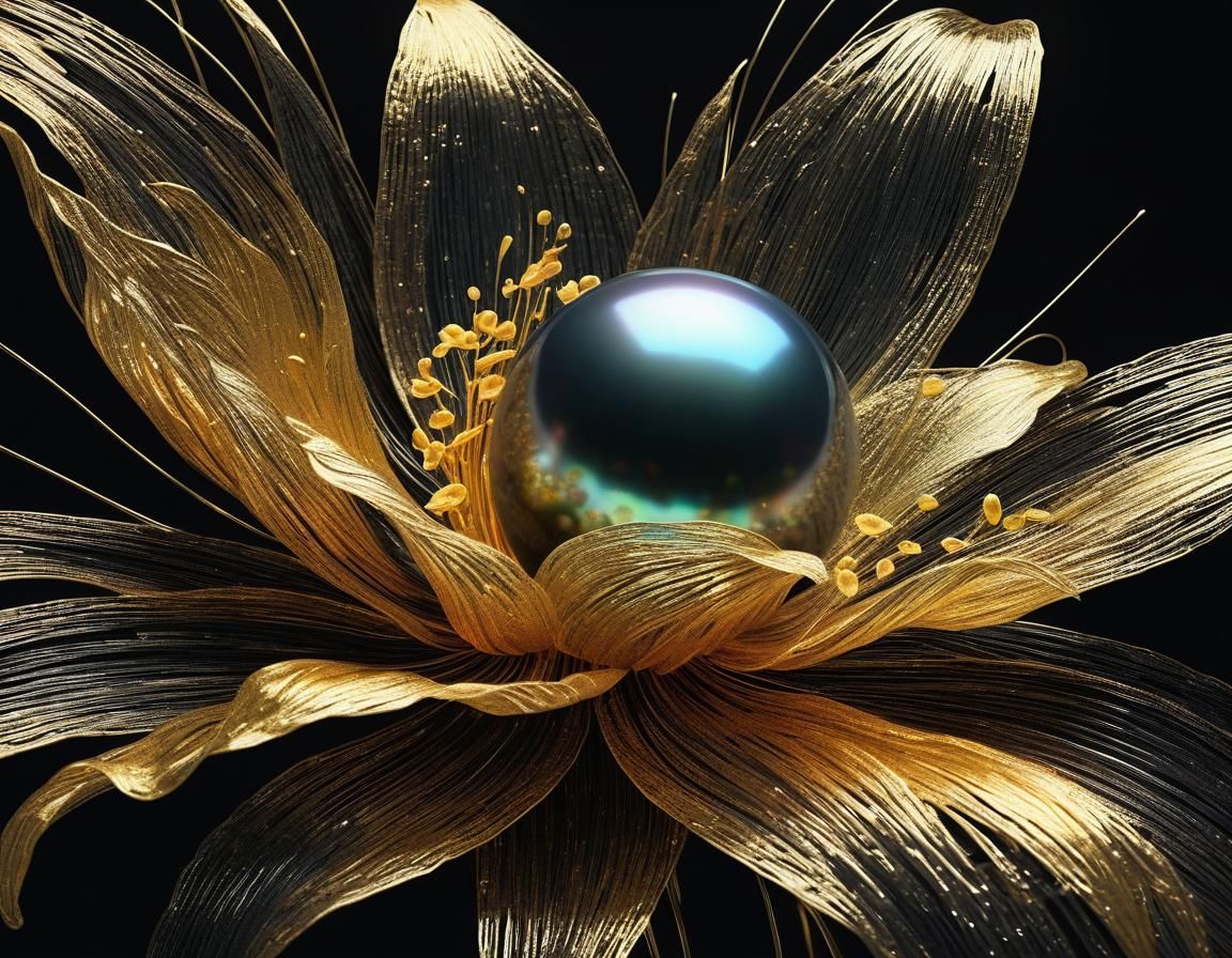 Ethereal Abstract Floral Art in Tahiti Gold and Black Pearl