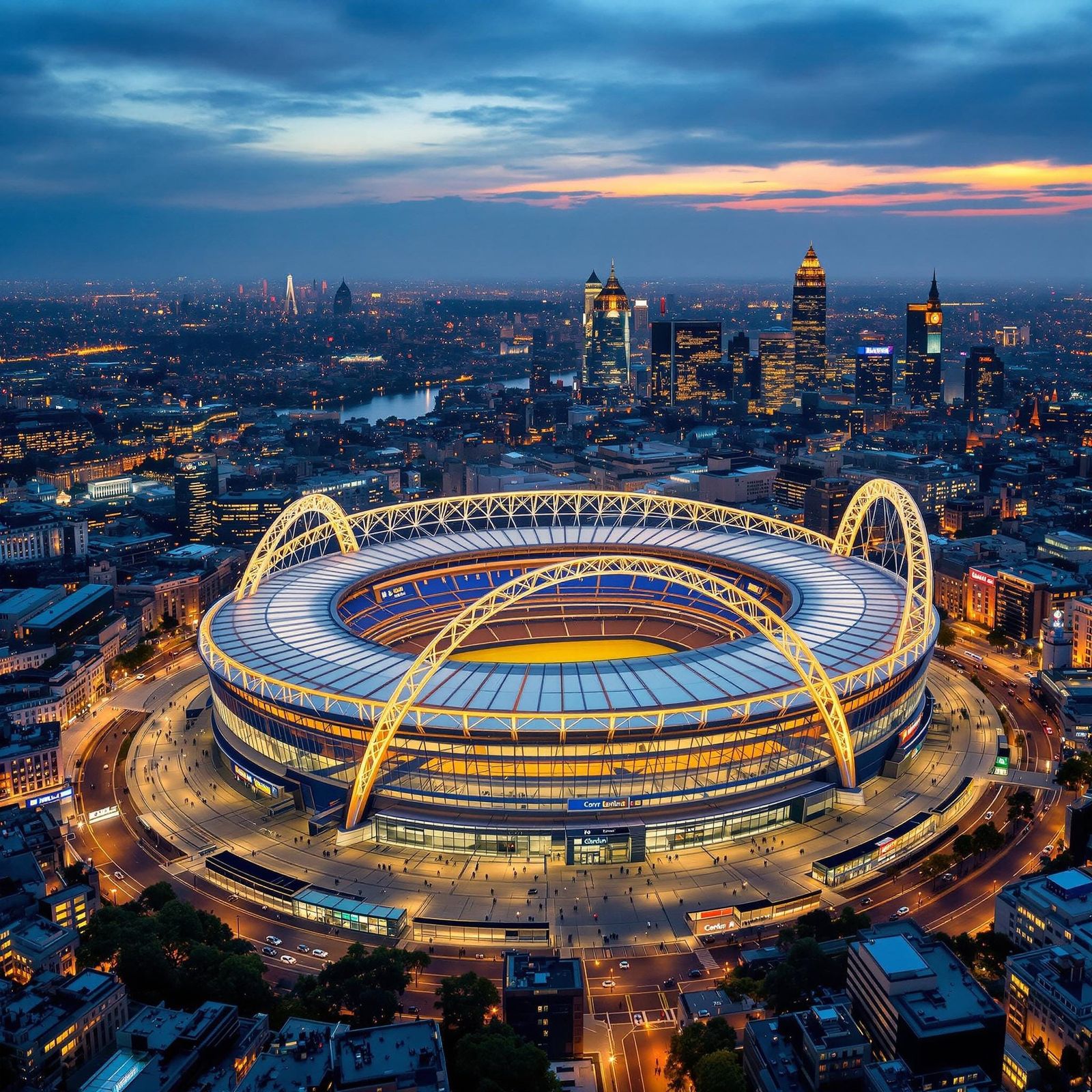 British Football Stadium at Dusk Panoramic View