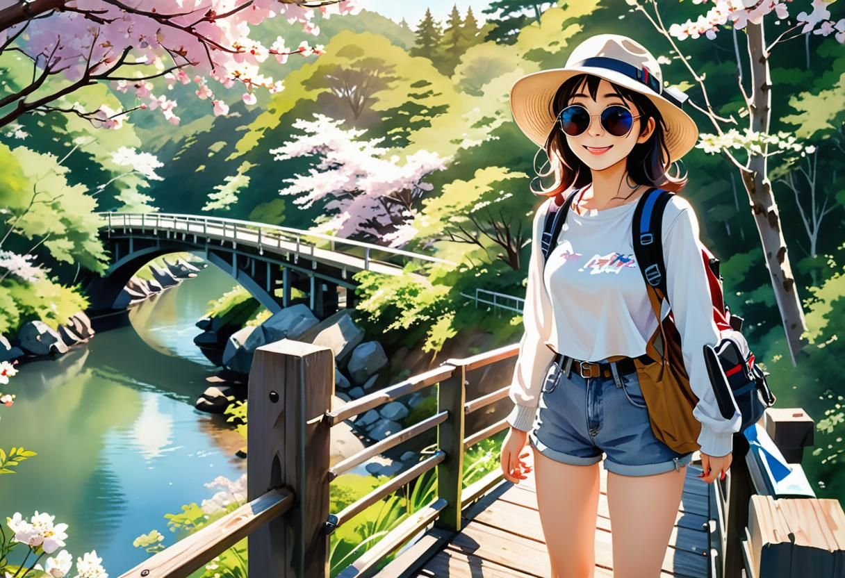 Japanese Girl Hiking in Manga Style
