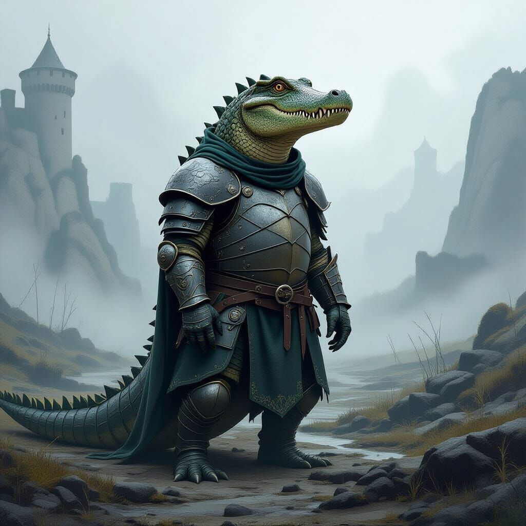 Armored Medieval Alligator in Rugged Landscape