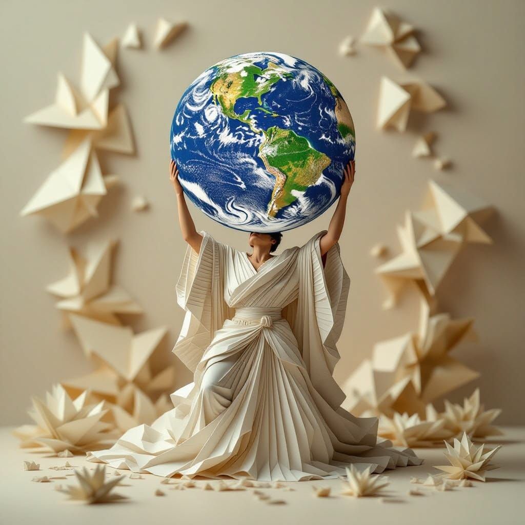 Titan Atlas Holding Up Earth: Origami Paper Art
