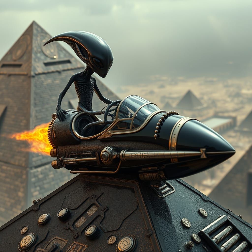 Alien Pilot in Futuristic Dystopian Landscape