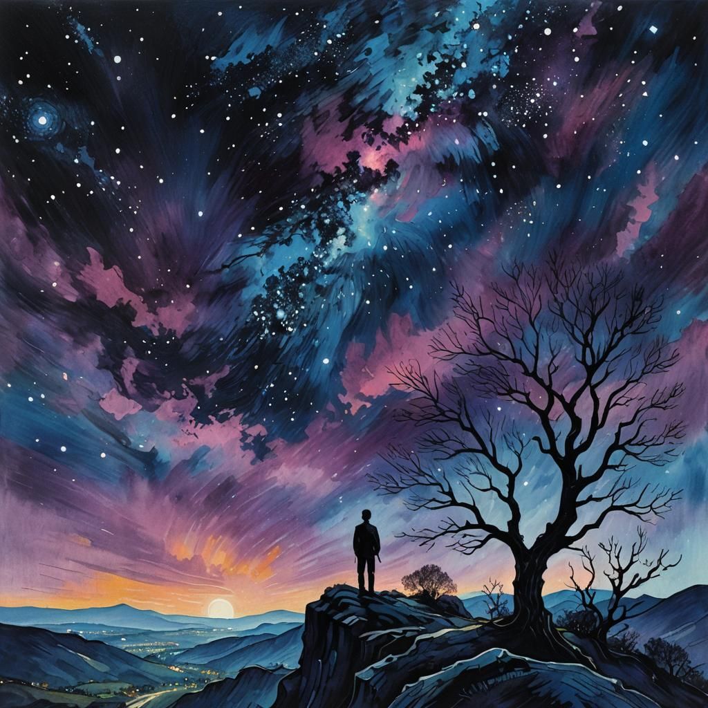 Starry Night Ink Art in Impressionist Style