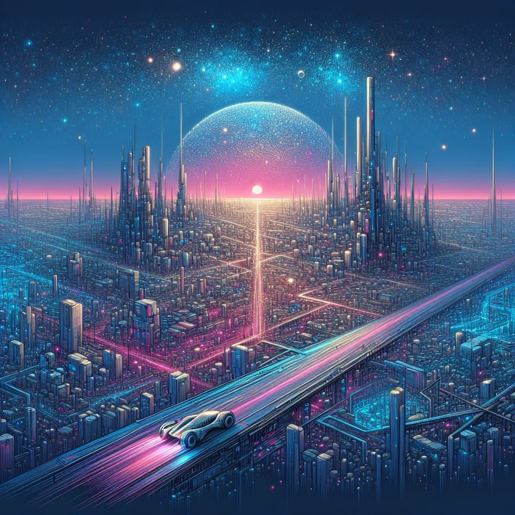 Futuristic Cityscape at Dusk in Matte Painting Style
