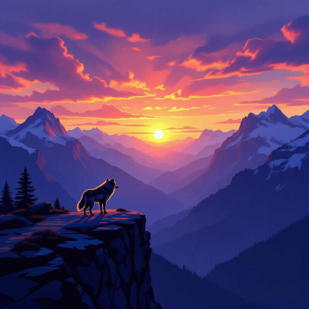 Lone Wolf on Windswept Cliff at Fiery Sunset