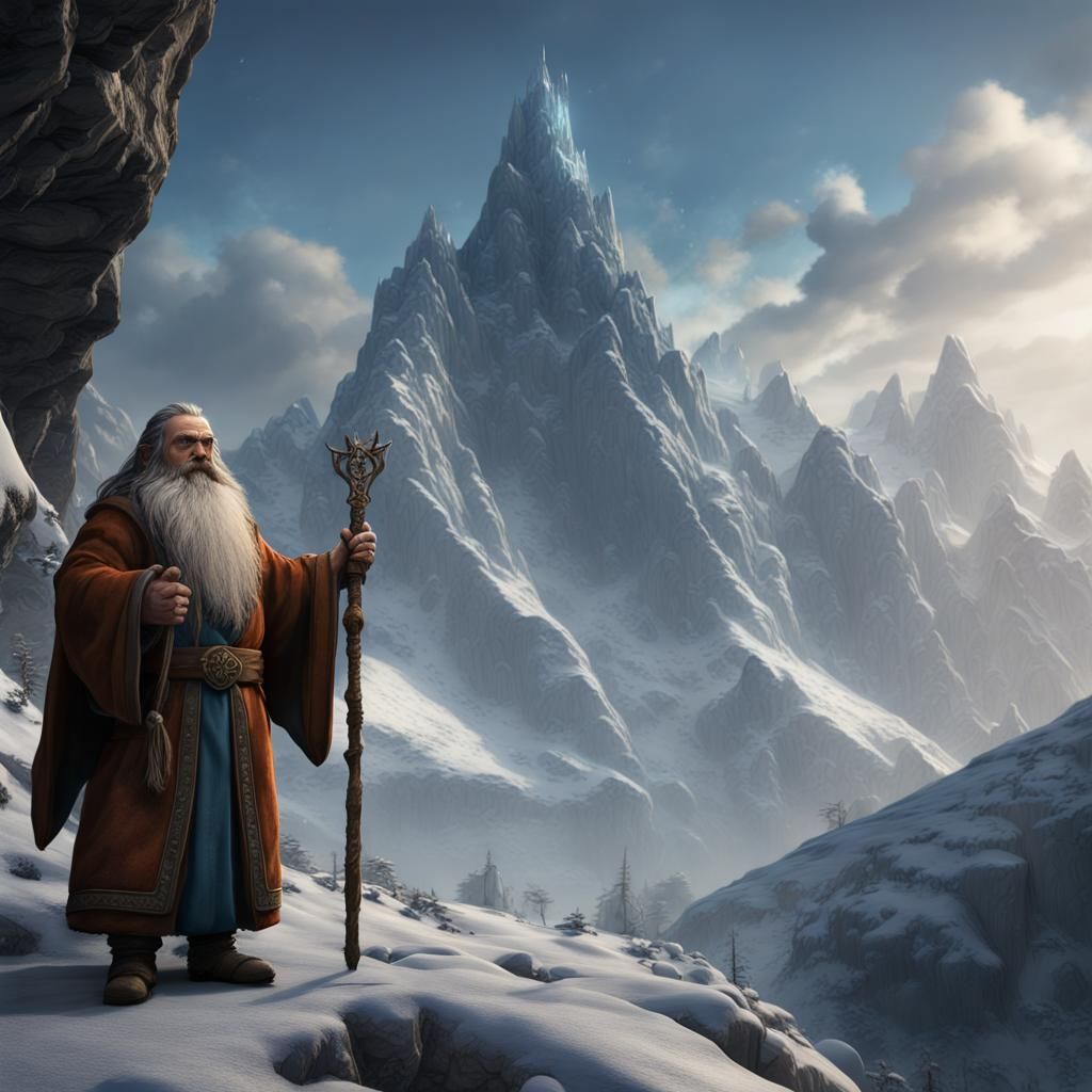 Enchanted Dwarf Runesmith Casting Spell on Snowy Mountain