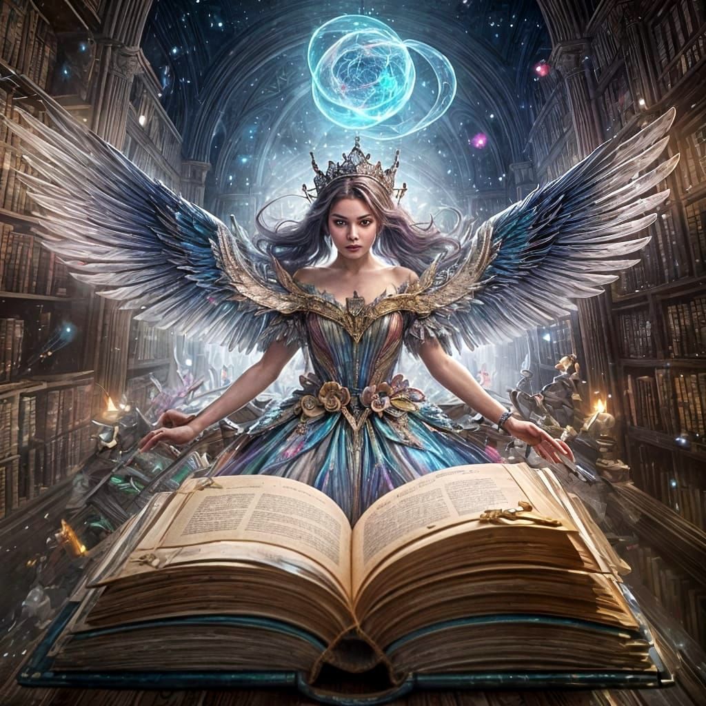a celestial librarian with iridescent wings