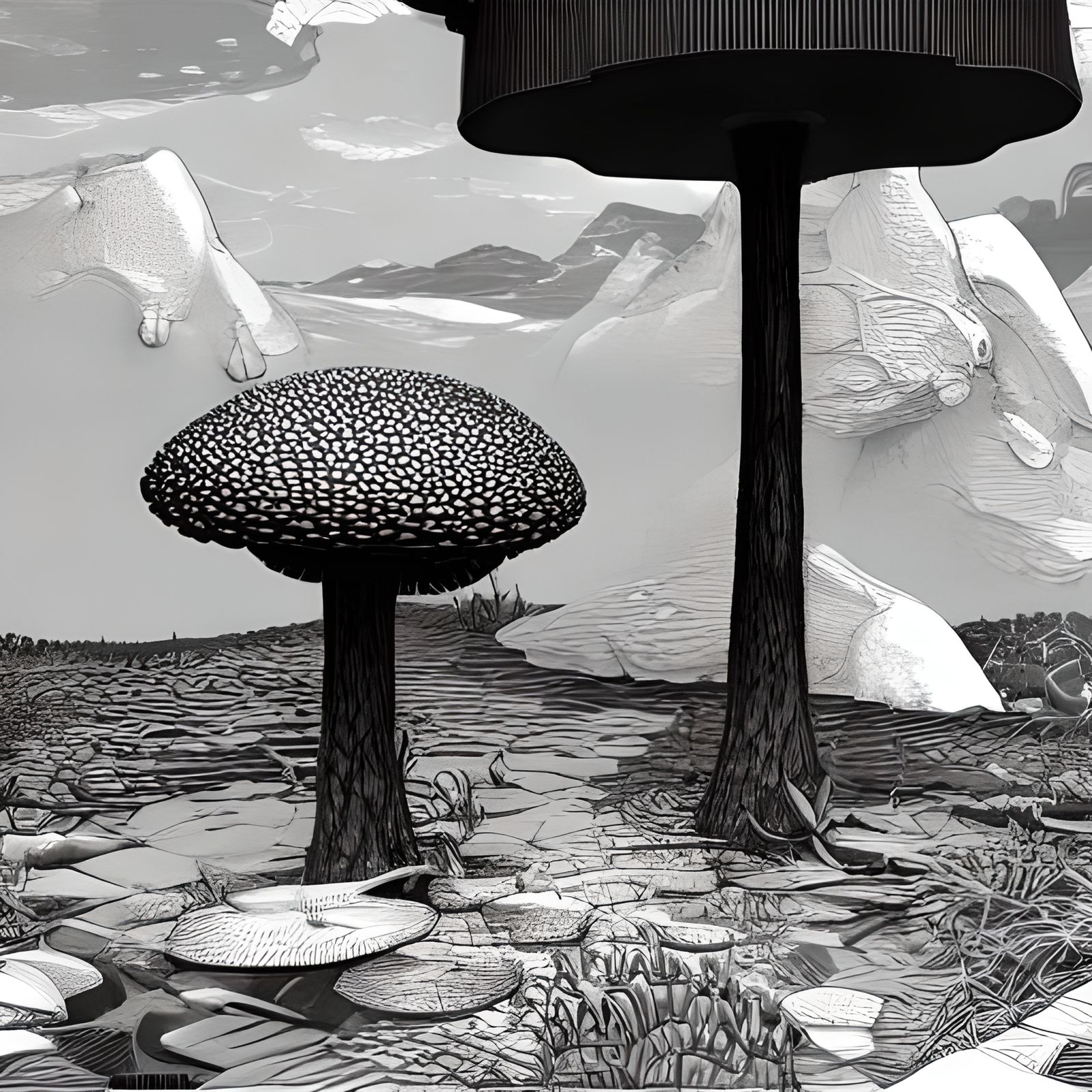 Fly Agaric Mushrooms in Black and White Linocut