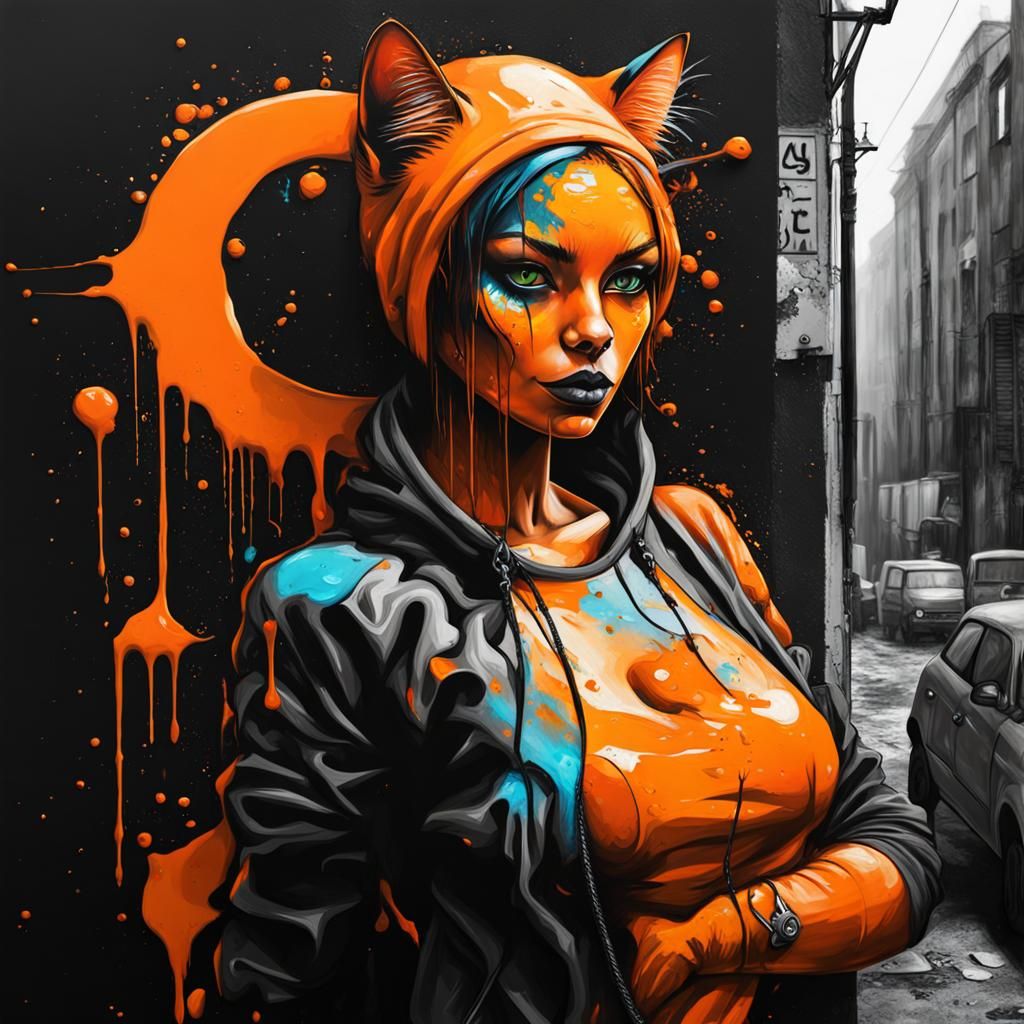 Colorful Graffiti Art of an Orange Woman-Cat