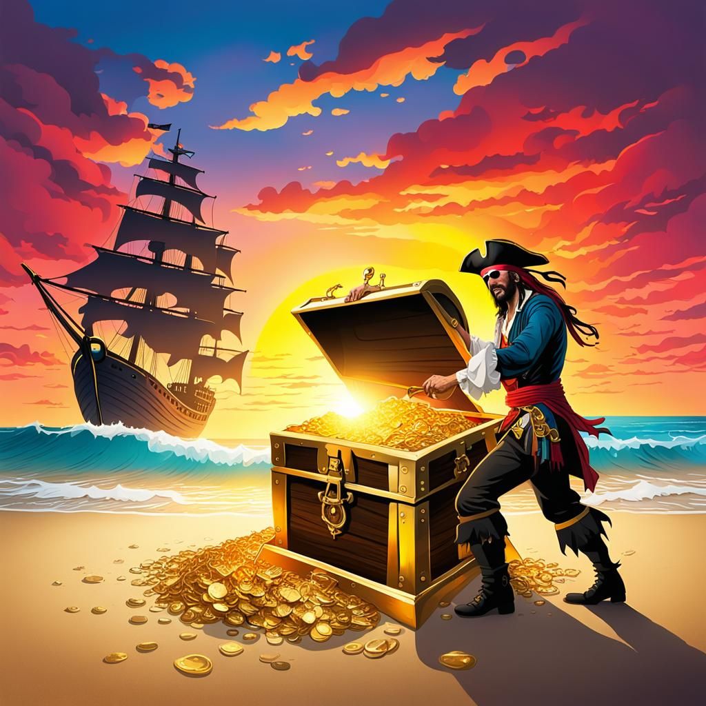 Pirate Finds Gold Treasure Chest at Sunrise