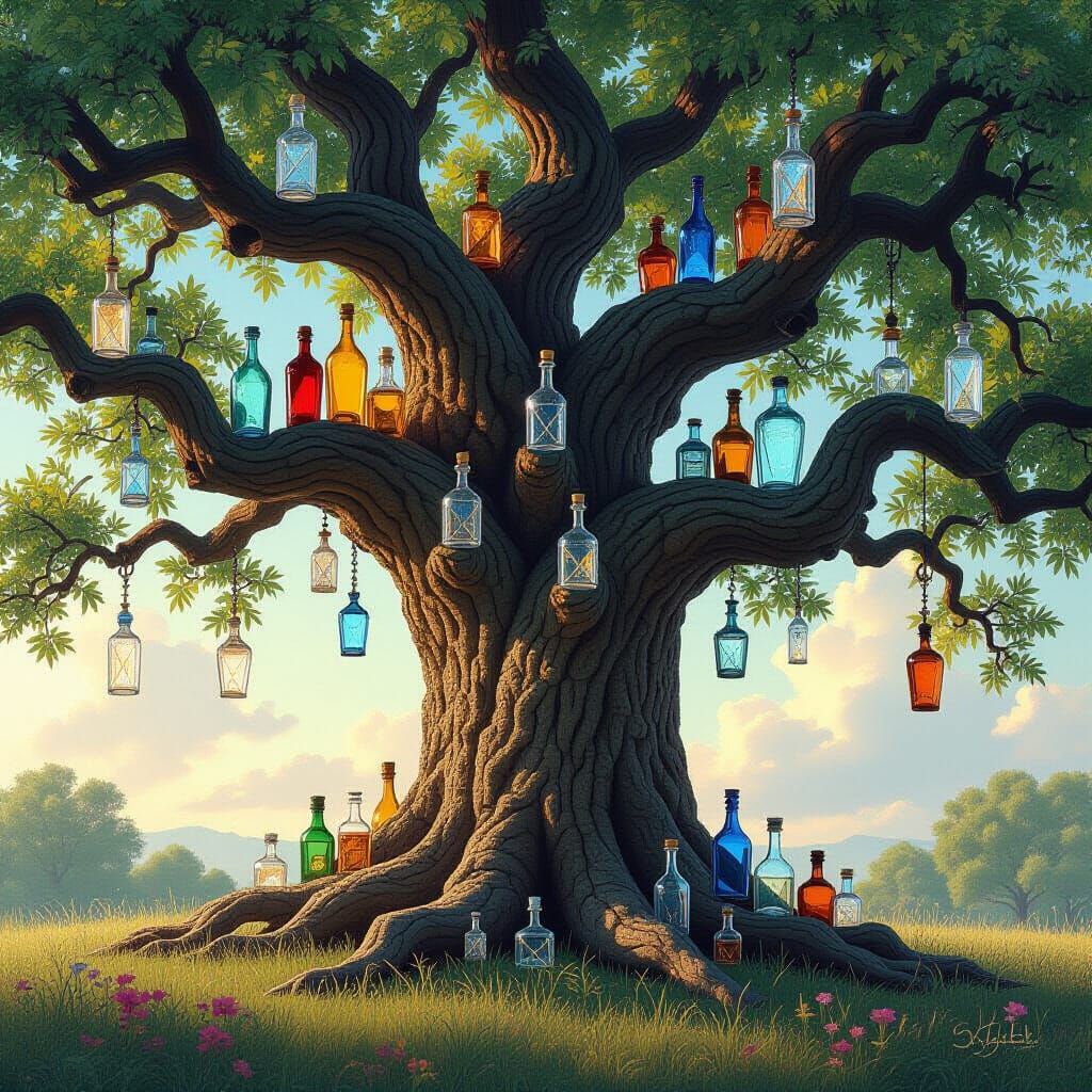 Oak Tree Adorned with Sparkling Crystal Bottles
