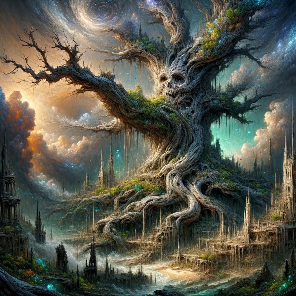 Giant Ancient Tree Engulfs City Under Cosmic Sky