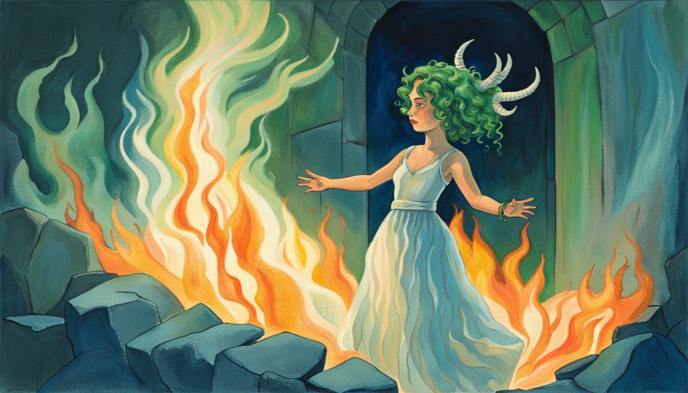 Girl with Horns in Blue Flame: Gouache Painting