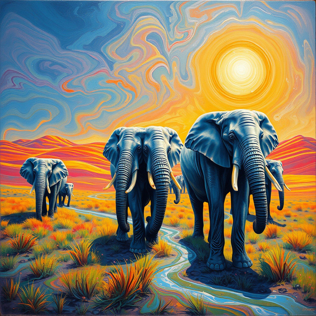 Surreal Elephants in Melting Landscape: Oil Painting