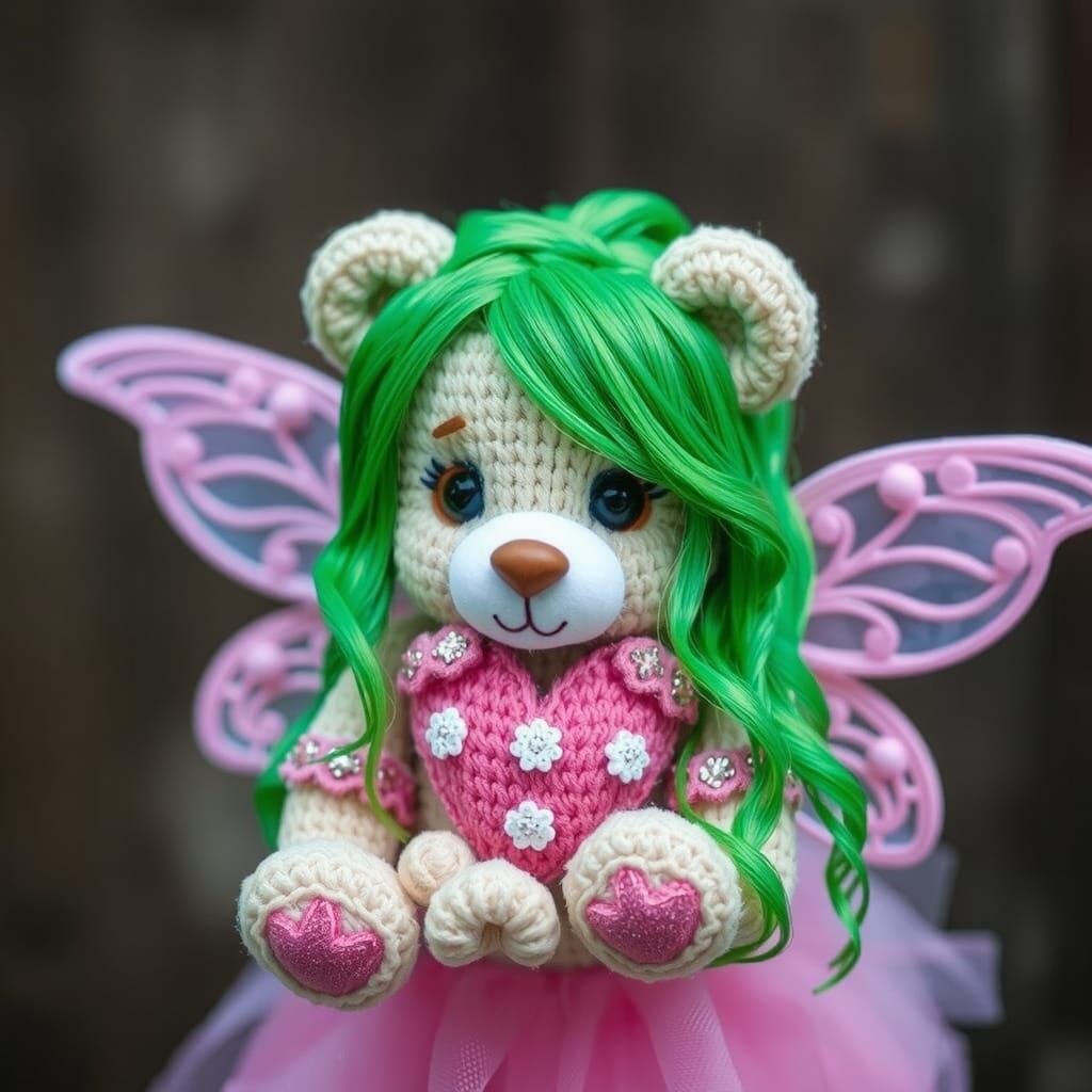 Whimsical Green-Haired Fairy with Teddy Bears