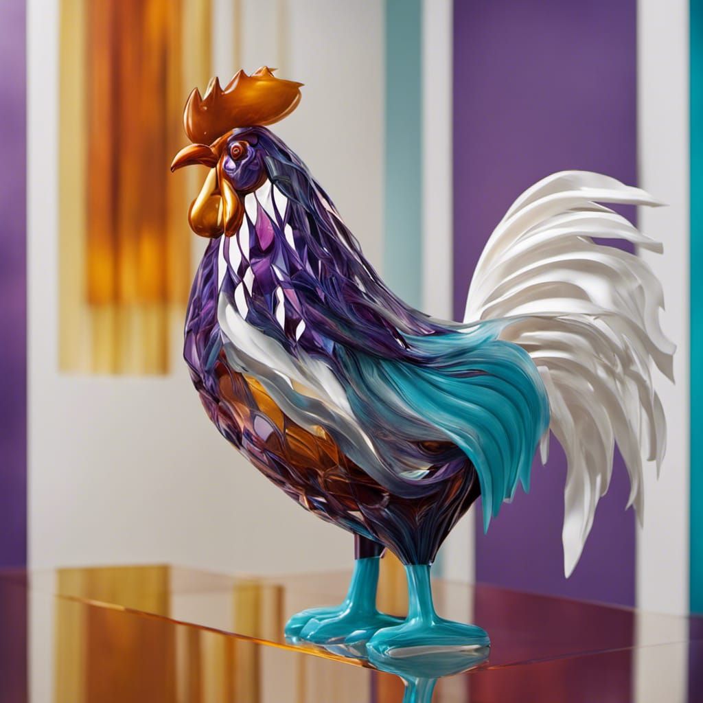 glass abstract art sculpture by kathryn schapiro, in the style of surreal 3d landscapes, vibrant rooster, realistic anam...
