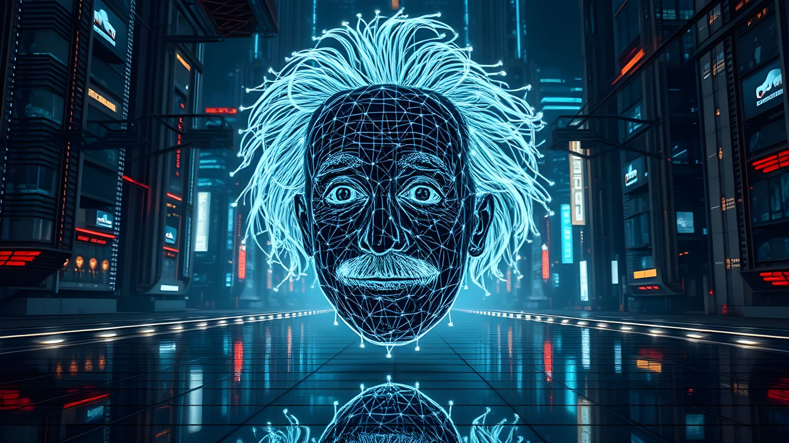 Glowing Neural Network Portrait of Albert Einstein in Cyberp...