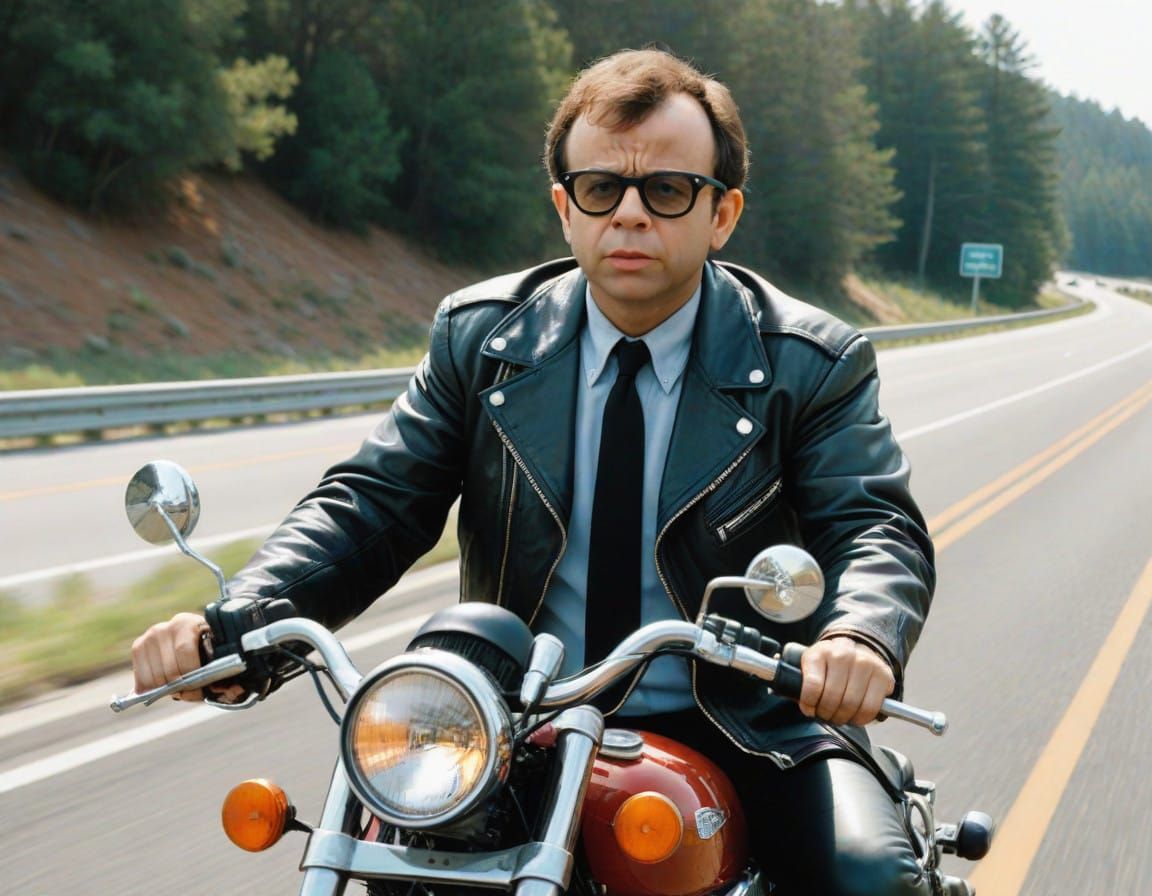 Rick Moranis Rides Highway in Edgy Business Attire