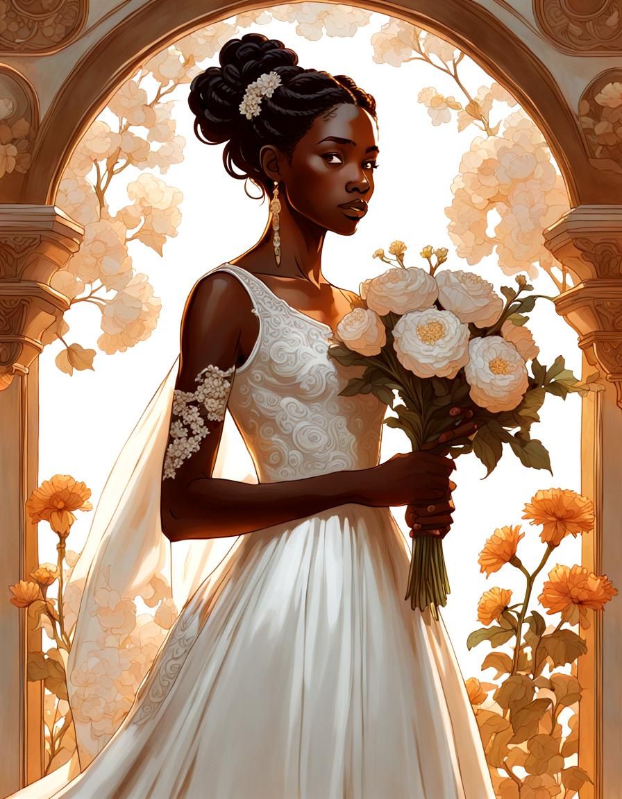 Melanin Bride in Bridgerton Dress with Floral Bouquet