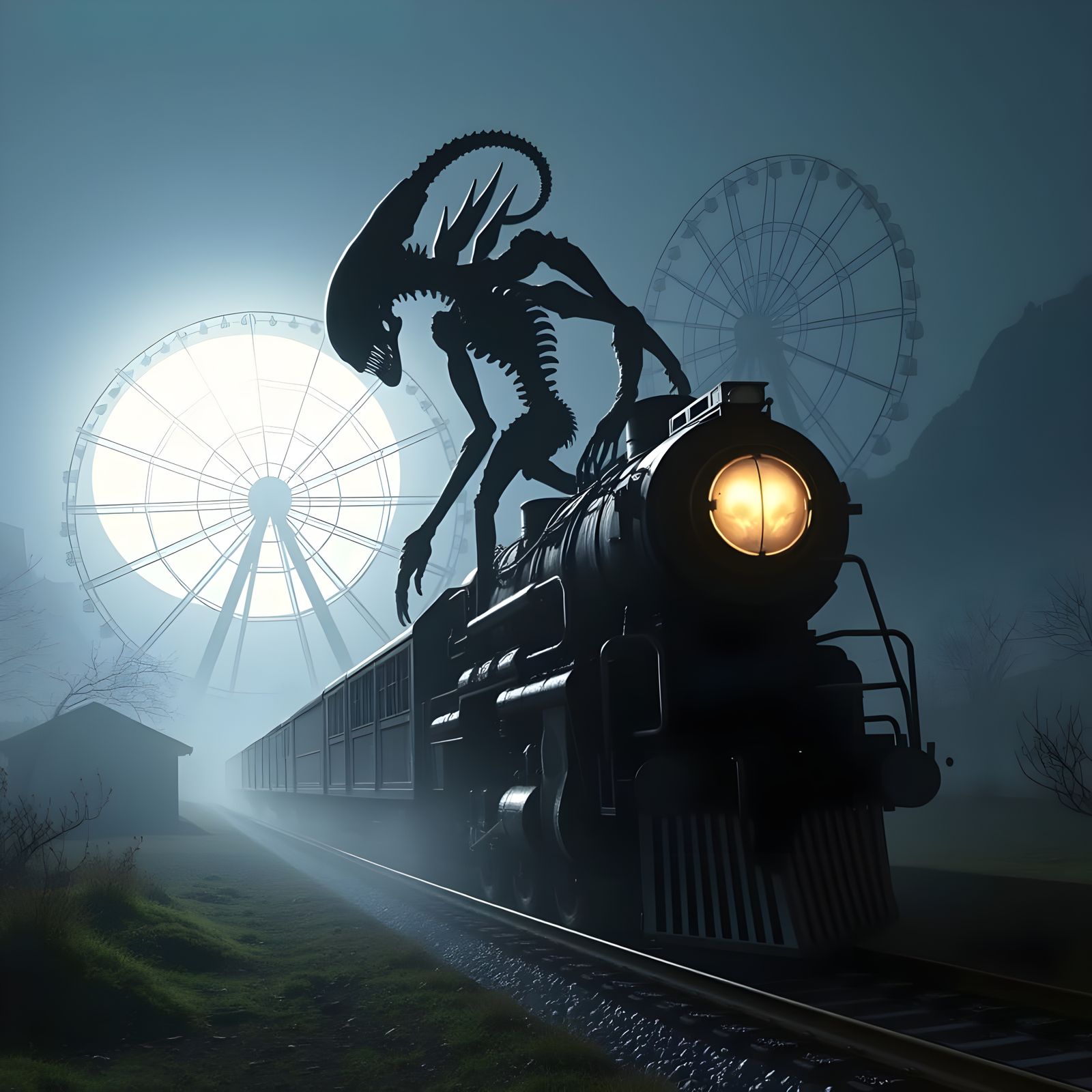 H.R. Giger's Train in a Swiss Nighttime Landscape with a Gia...