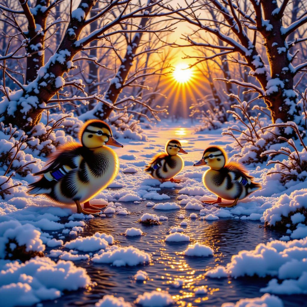 Cute Baby Ducks in Kinetic Pointillism Style