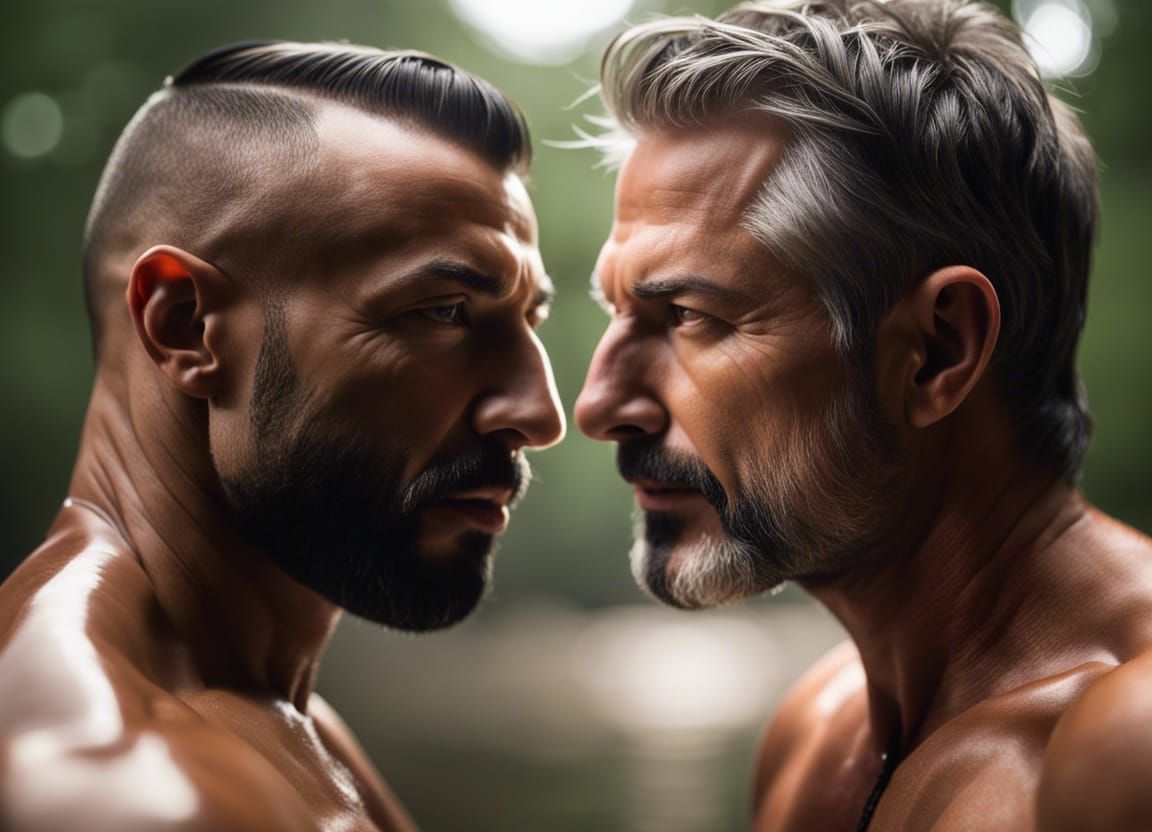 Shirtless Men Face-Off in Plastic Wrap Photo