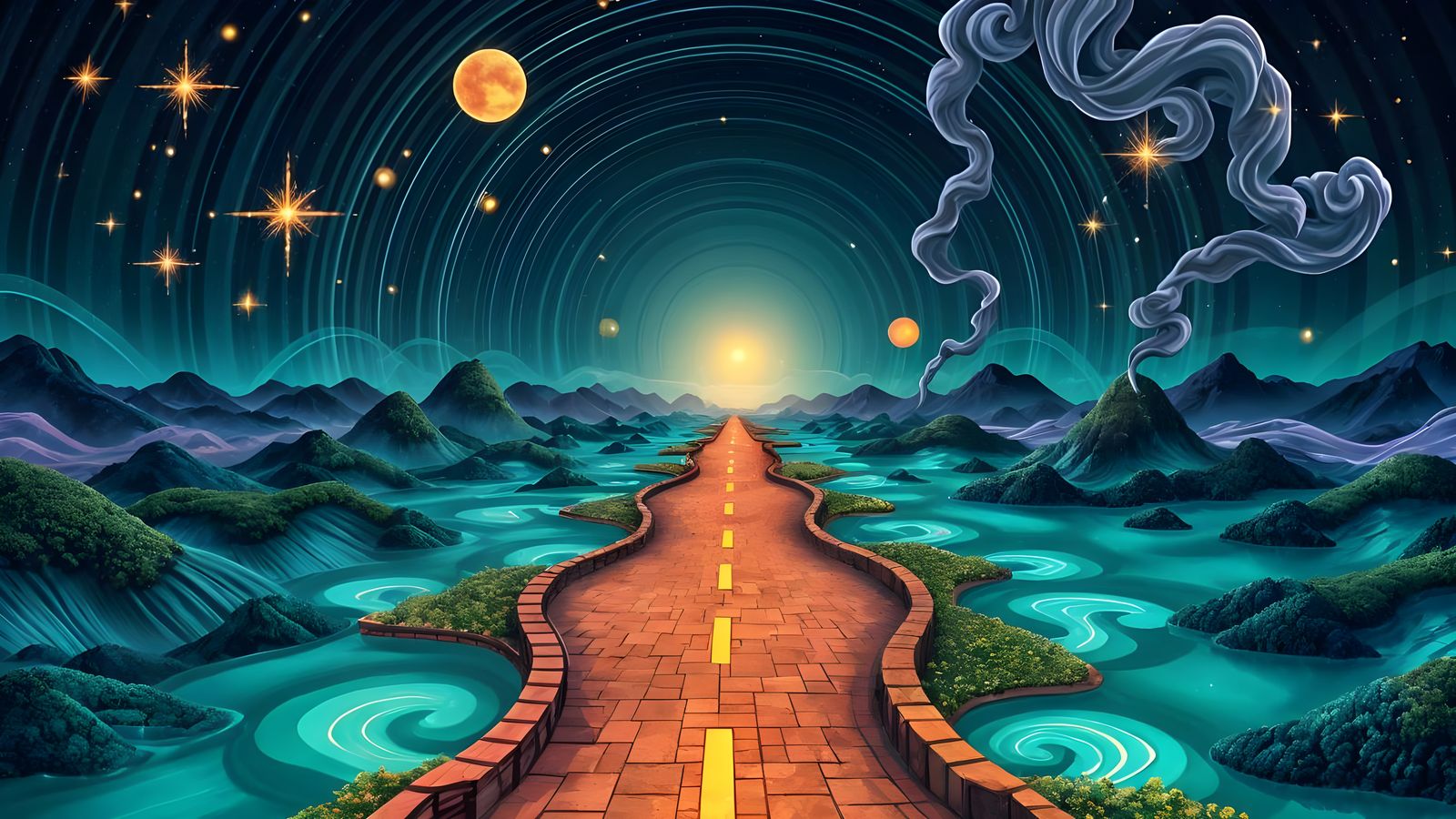 Surreal Infinity Road Unfolds Amidst Shimmering Cosmic Pools