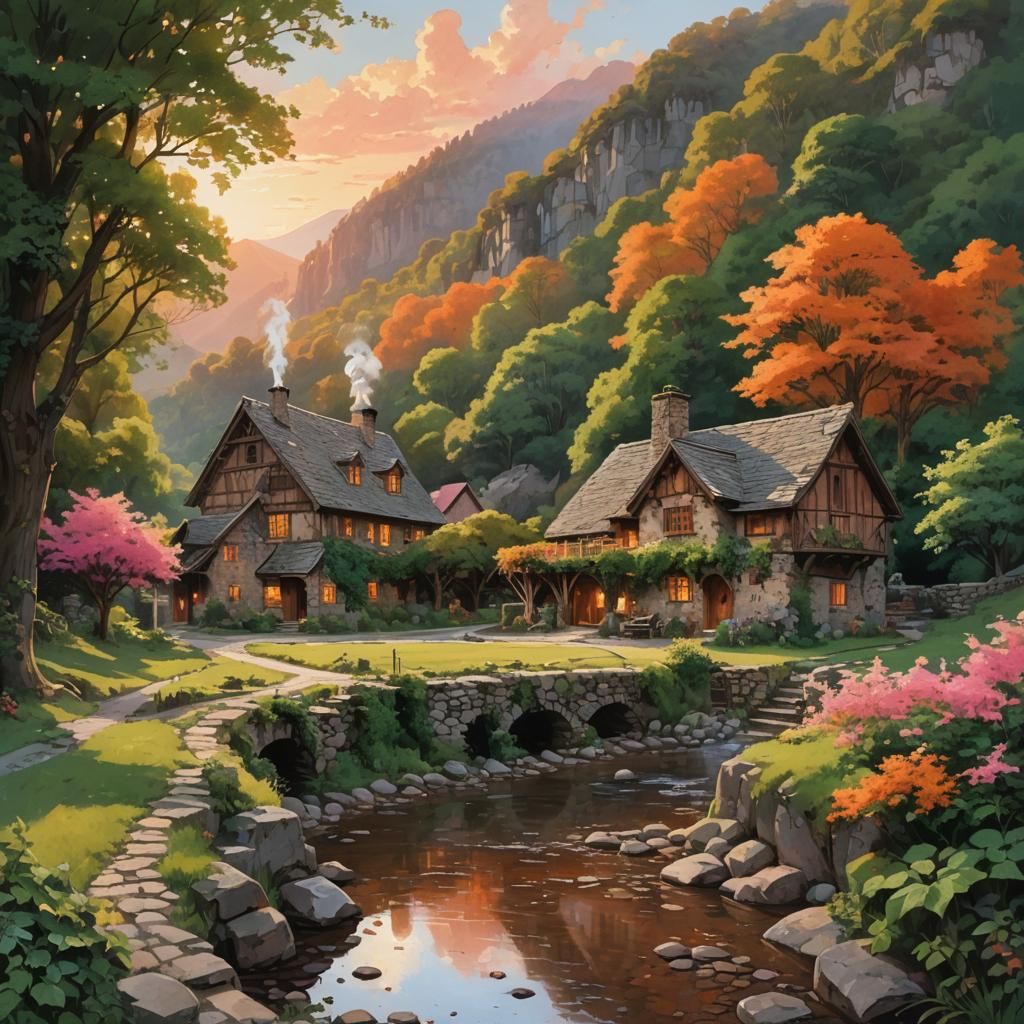 Rustic Inn at Sunset in Ethereal Valley