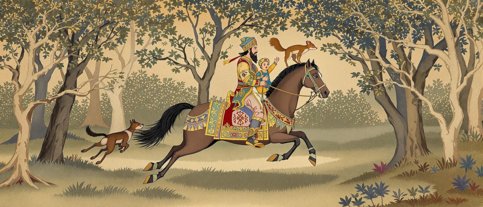 Persian Miniature: Horseman, Squirrel, Dog, and Child