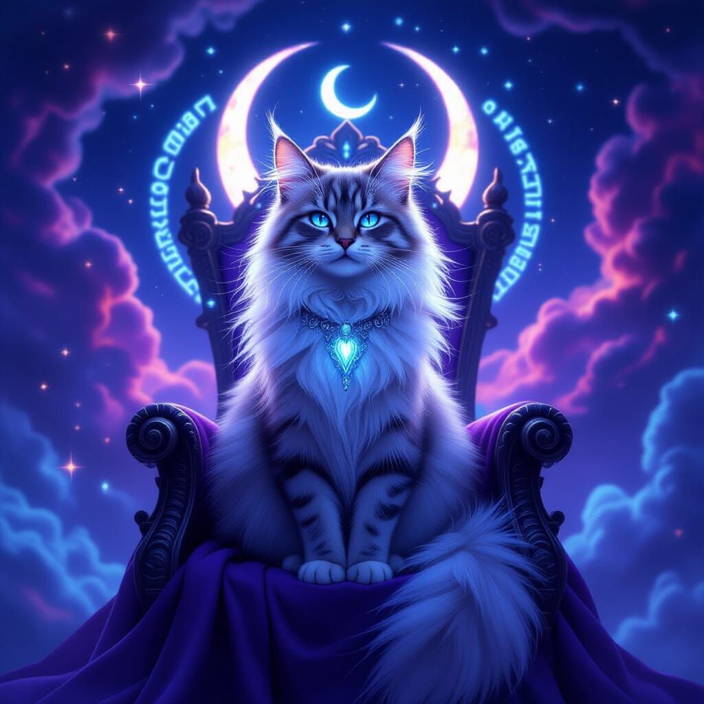 Moonlight Goddess Cat on Celestial Throne