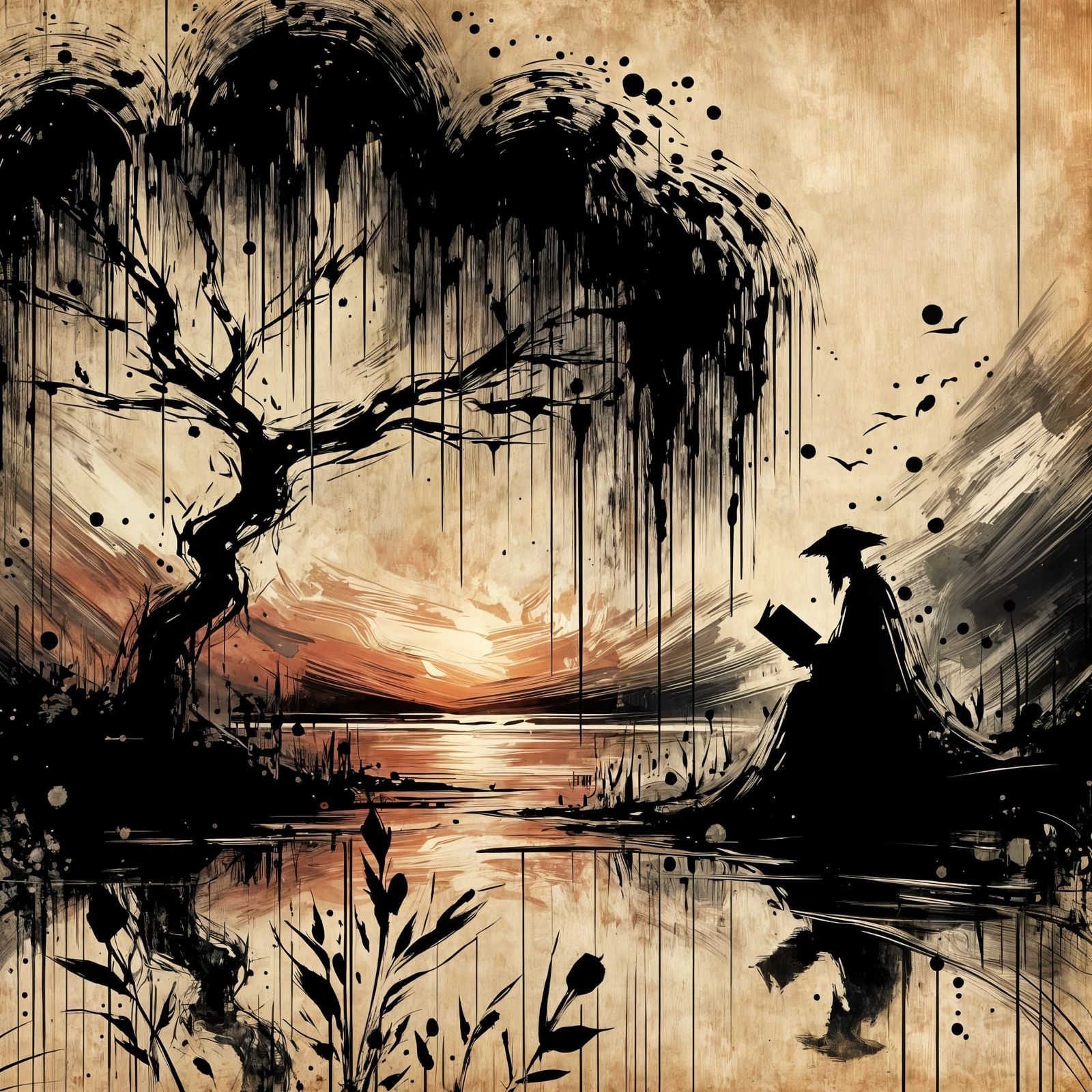 Lone Scholar Reads by Willow Tree at Sunset