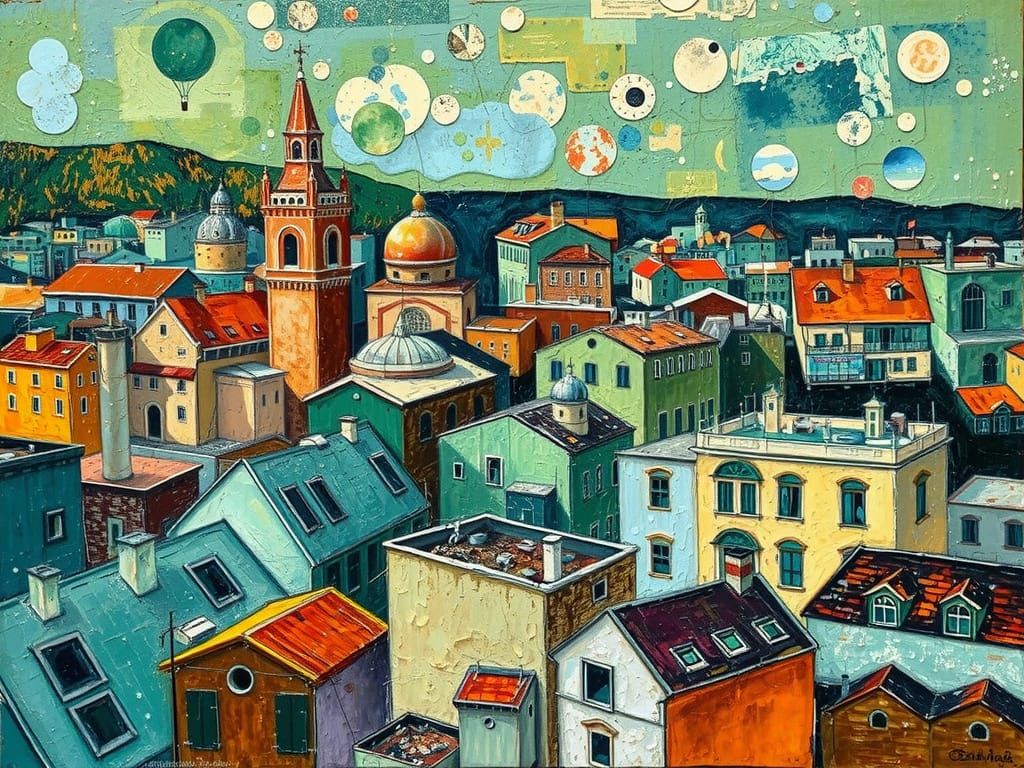 Whimsical Urban Dreamscape in Vibrant, Textured Hues