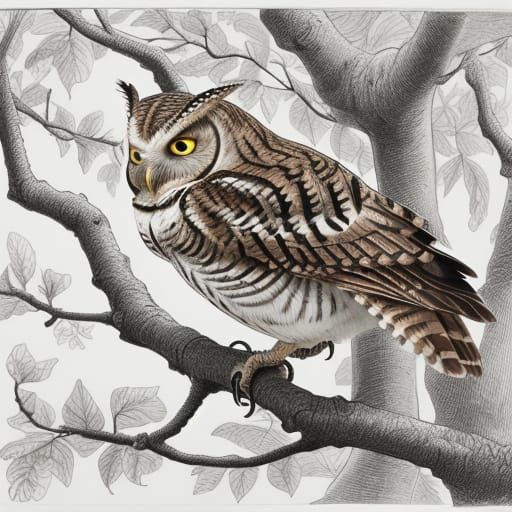 Audubon ink drawing. Cottagecore. Eastern Screech Owl flying around in the forest outside Nashville.