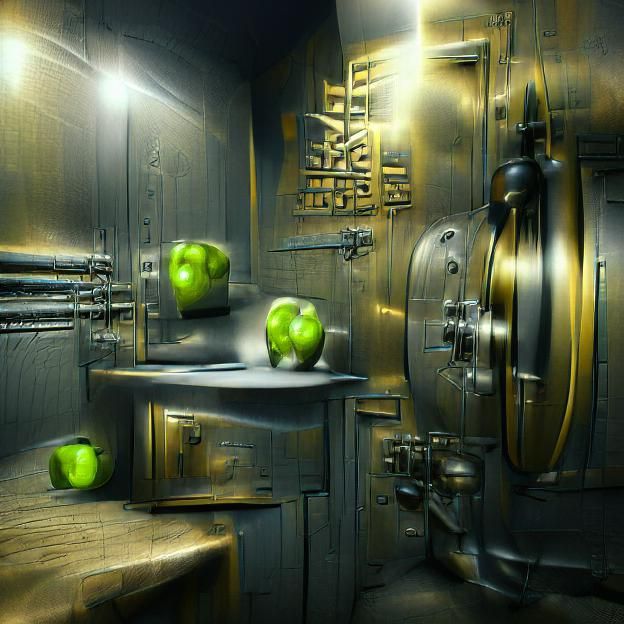 Green Apples in Bank Vault: Hyperrealistic 3D Art