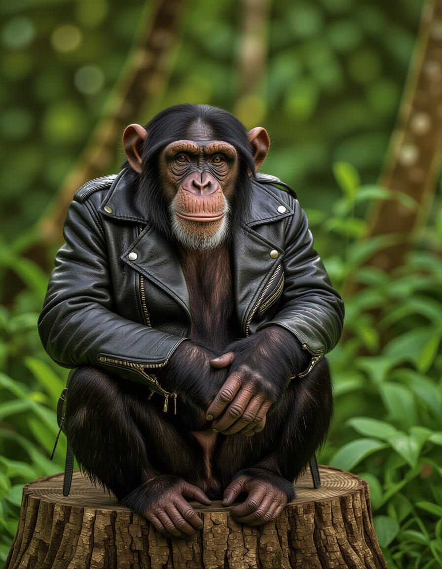 Photorealistic Chimpanzee in Leather Jacket on Tree Stump