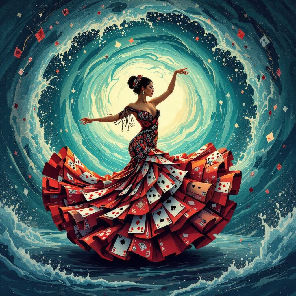 Flamenco Dancer in Playing Card Dress Amidst Magical Sea