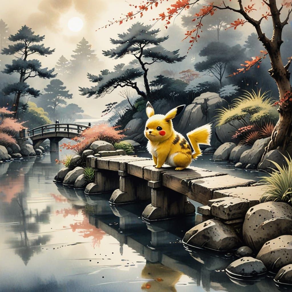 Sumi-e ink painting. Medium shot. A cute furry Pikachu sitti...