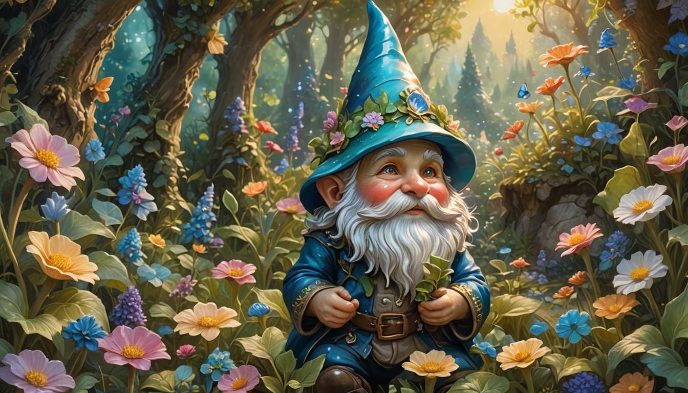 Enchanted Garden Gnome in Iridescent Art Nouveau Style